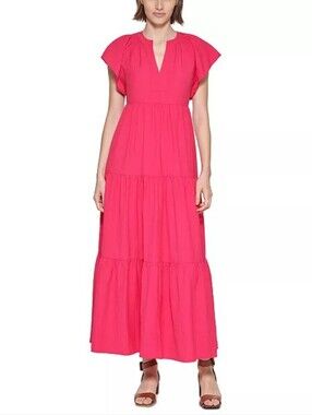 calvin klein long pink dress Women's Flutter Sleeve Round Neck Floral Chiffon A-line Midi Dress, Rose Multi, 2 at Amazon Women's Clothing store 100% cotton Mock Neck Mini Dress
